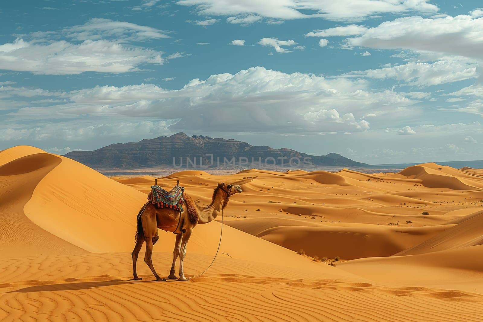 A camel is standing in the desert with a saddle on its back. The sky is clear and the sun is shining brightly. The scene is peaceful and serene
