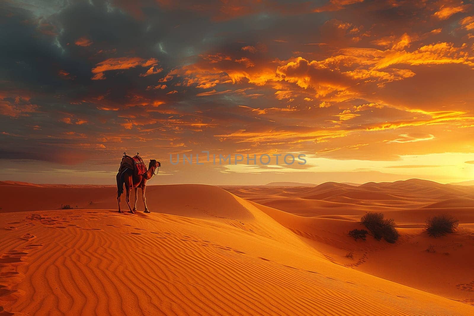 A camel is standing on a sandy hillside in the desert. The sky is orange and the sun is setting