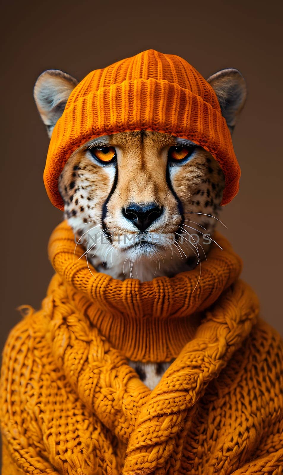A Felidae sporting an orange hat and scarf, resembling a Bengal tiger or Siberian tiger. This carnivore belongs to the big cats family and is a terrestrial animal with a snout