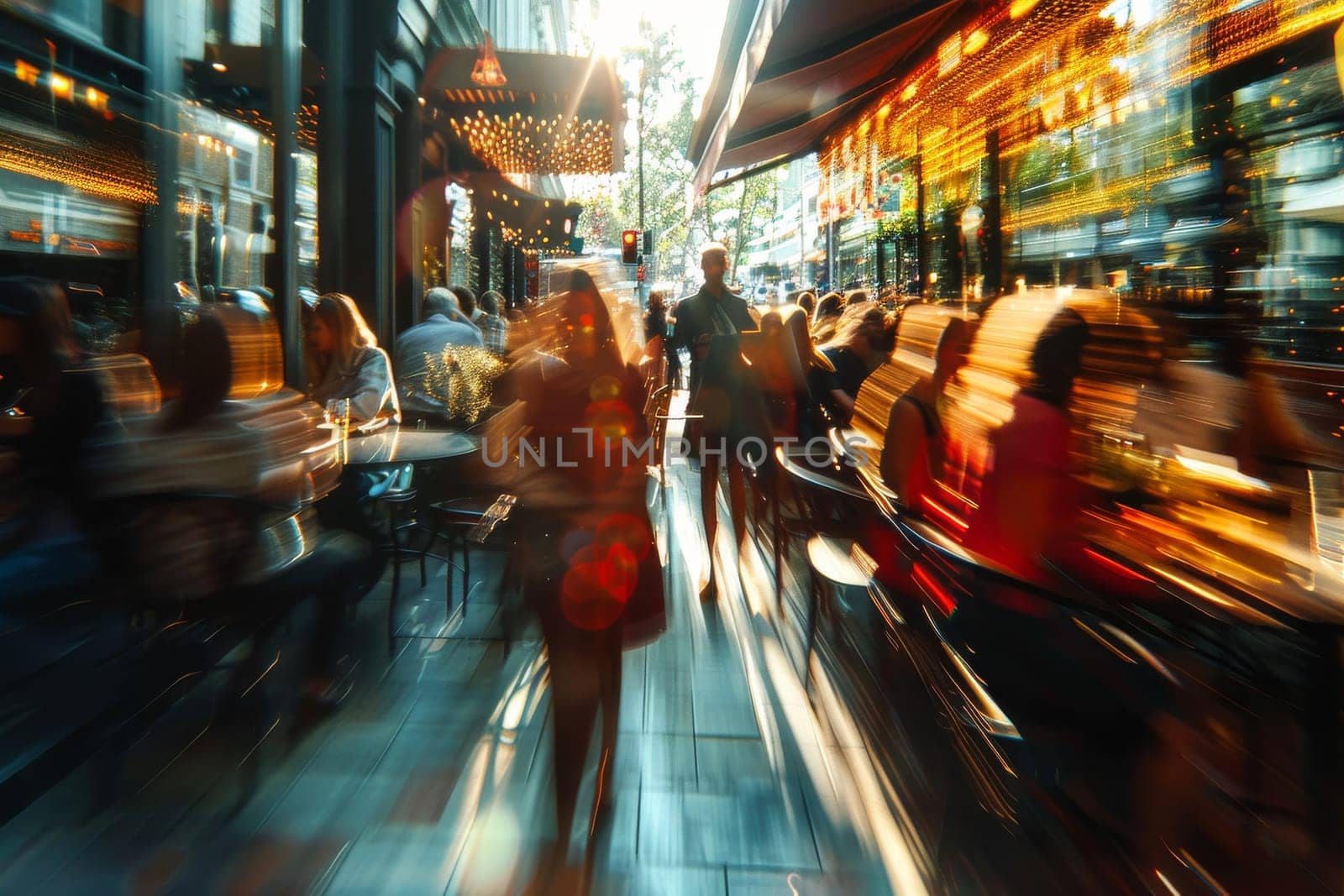 A blurry image of a busy city street with people walking and sitting at tables. Scene is lively and bustling, with a sense of movement and energy