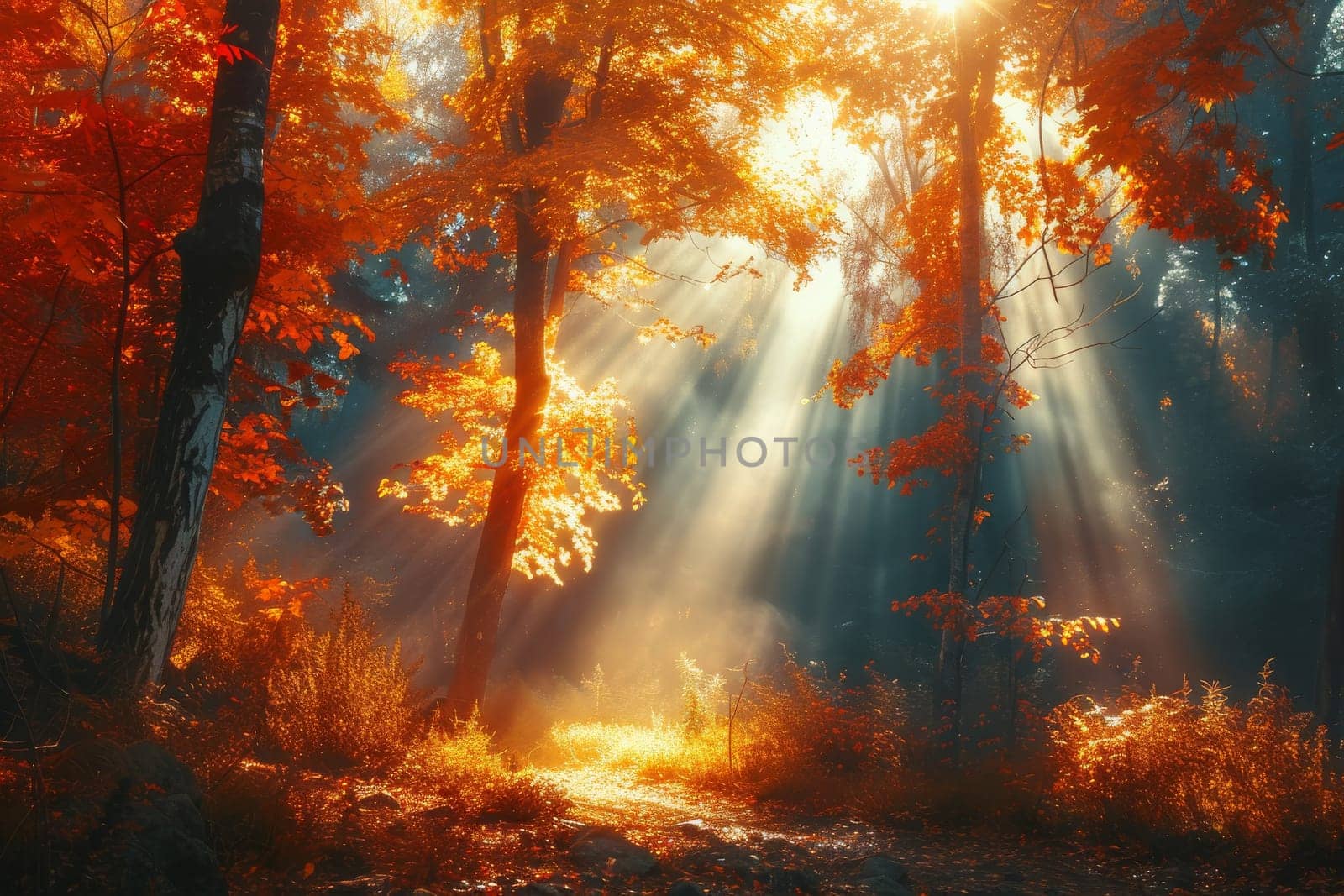 The sun is shining through the trees, casting a warm glow on the forest floor. The leaves are bright orange, creating a beautiful and peaceful atmosphere