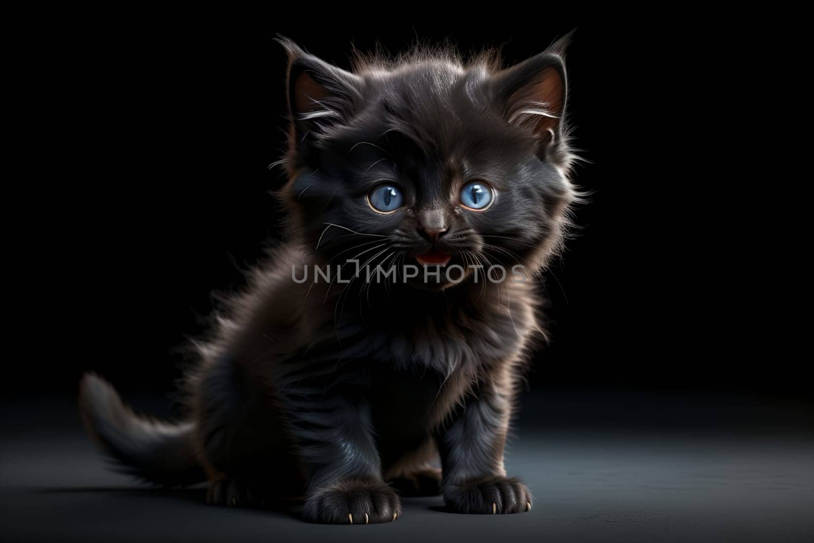 black fluffy kitten, isolated on a black background .