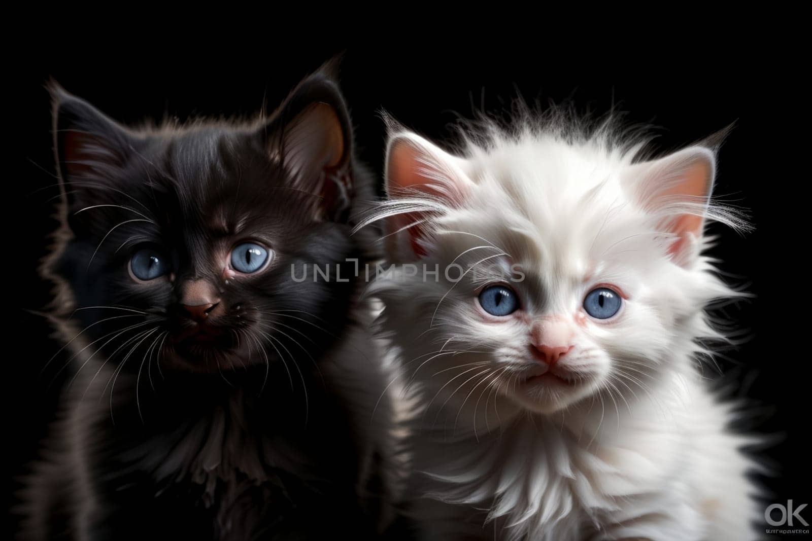 black and white fluffy kitten, isolated on a black background .