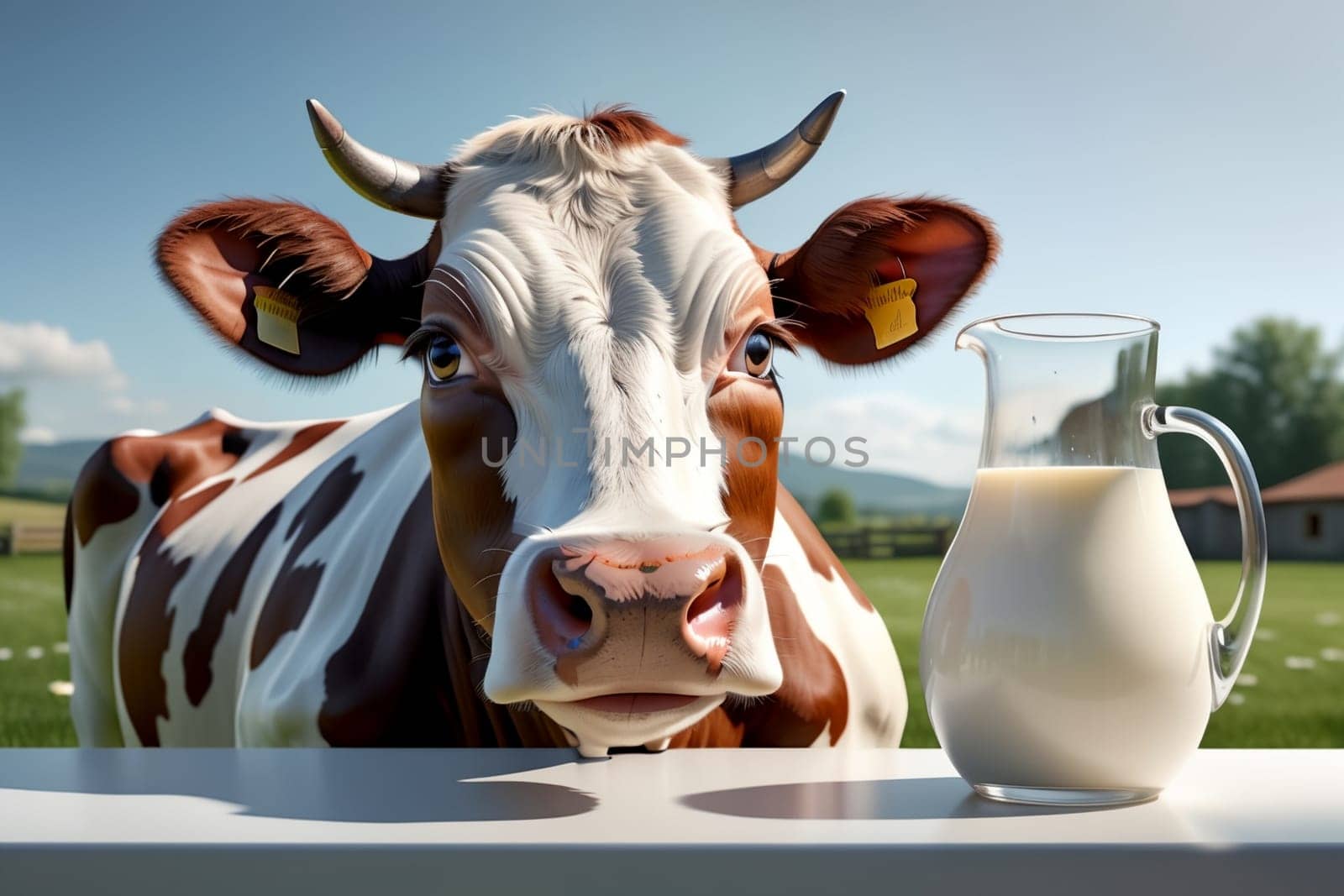 cow and fresh milk in a carafe on the table .