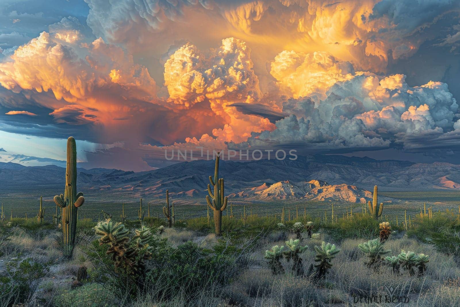 A desert landscape with a large cloud in the sky. The sky is orange and the clouds are white