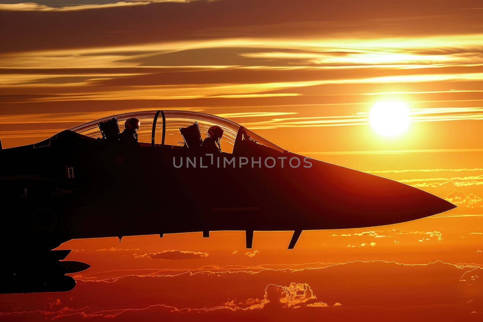A silhouette of a fighter jet against a vibrant orange sunset, capturing the beauty and power of military aircraft. by Chawagen