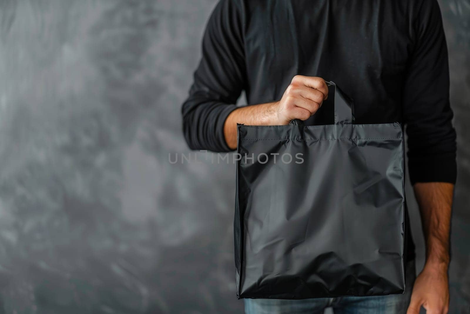 A man is holding black tote bag canvas fabric for mockup blank template, Empty reusable tote bag mockup.