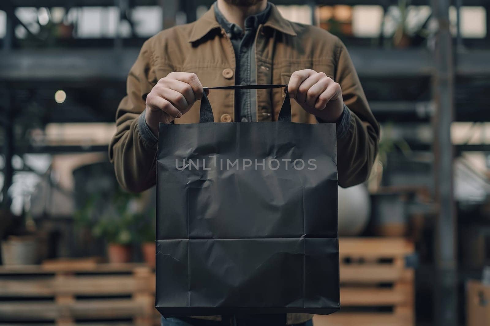 A man is holding black tote bag canvas fabric for mockup blank template, Empty reusable tote bag mockup.