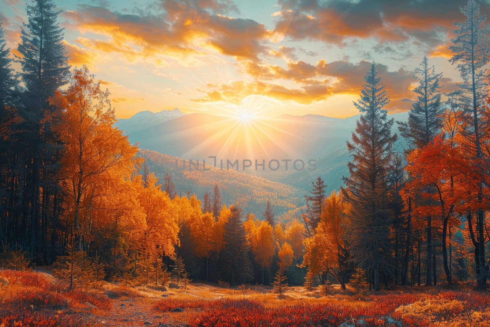 A beautiful autumn day with a bright sun shining through the trees. The sun is shining on the mountains in the background, creating a warm and peaceful atmosphere. The trees are full of leaves