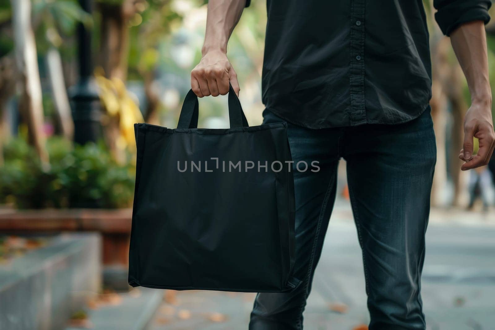 A man is holding black tote bag canvas fabric for mockup blank template, Empty reusable tote bag mockup by nijieimu