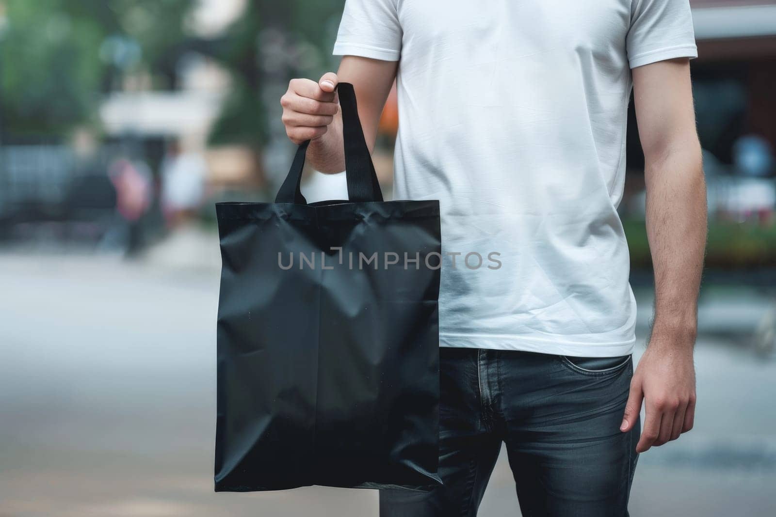 A man is holding black tote bag canvas fabric for mockup blank template, Empty reusable tote bag mockup by nijieimu