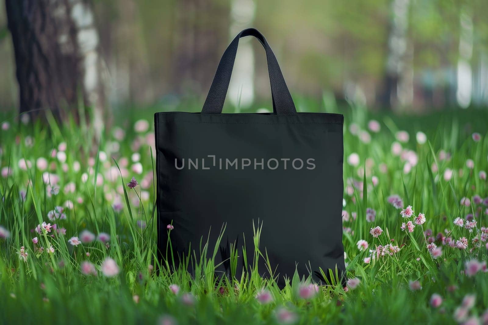 Mockup of a black tote bag laying on grass, Black cotton or mesh eco bag on green grass..