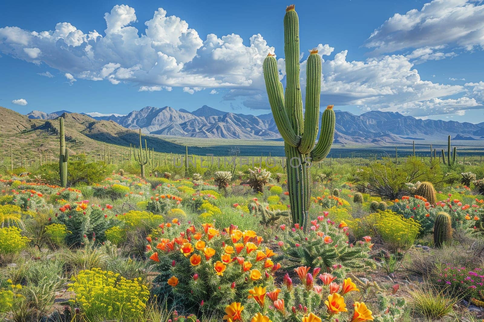 A desert landscape with a large cactus in the foreground. The cactus is surrounded by a field of flowers, including yellow flowers. The sky is clear and blue