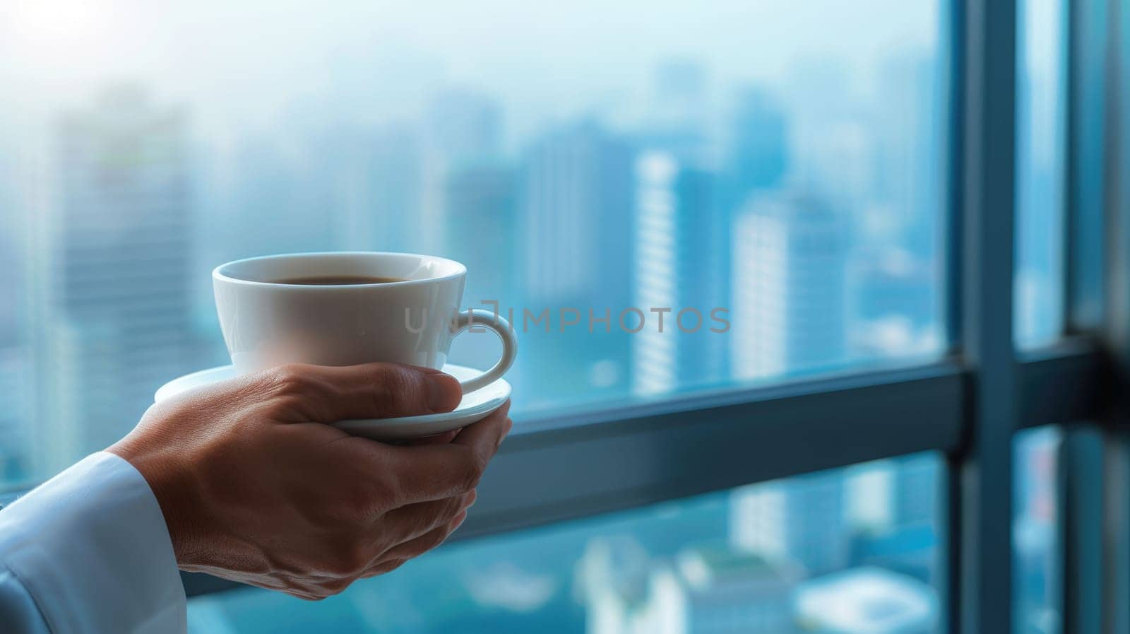 The picture of the person holding the cup of the coffee or other type of beverages on the top of the building in the morning with the bright of the sun that can be portray as the relaxation. AIG43.