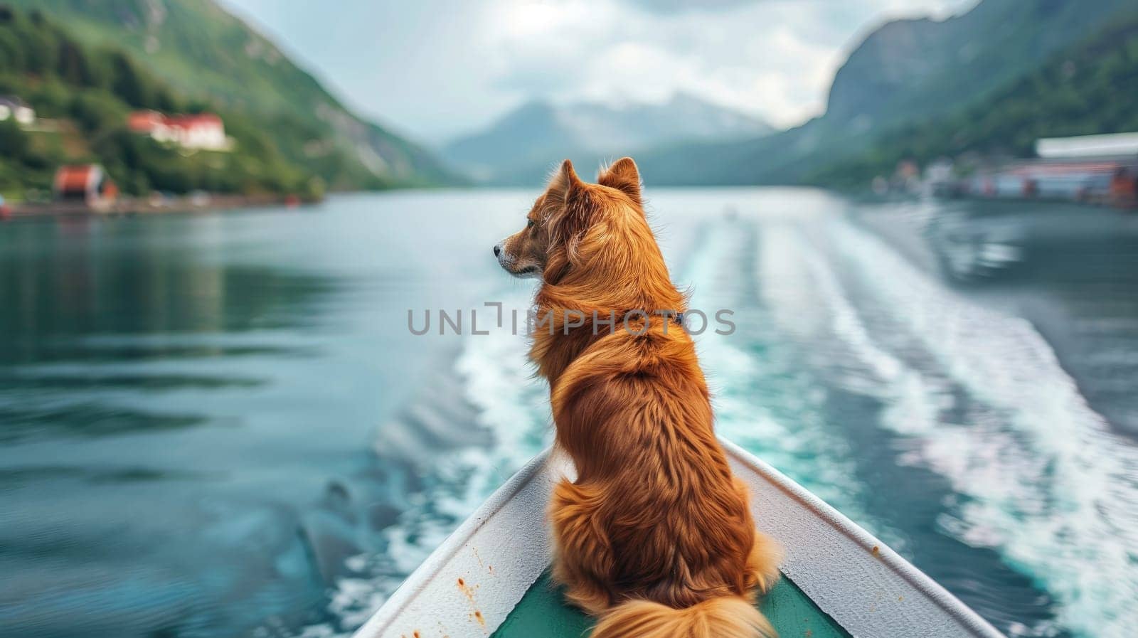 close up shot traveling by ship with dog and cat motion blur, lake view