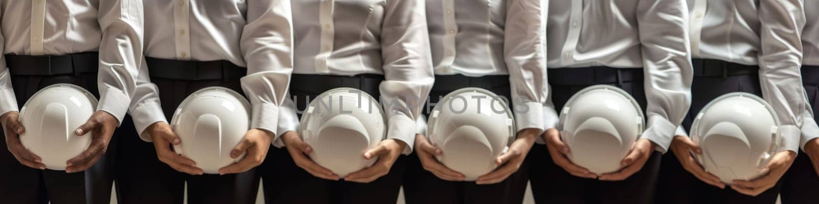 The close up picture of the group of the engineer with hardhat and standing next to the each other, the engineer require skill like technical experience, management and the communication skill. AIG43.