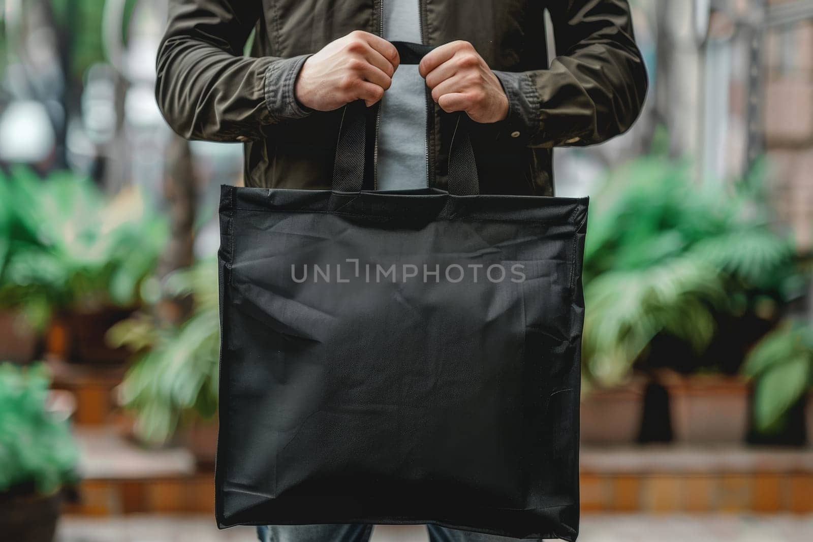 A man is holding black tote bag canvas fabric for mockup blank template, Empty reusable tote bag mockup.