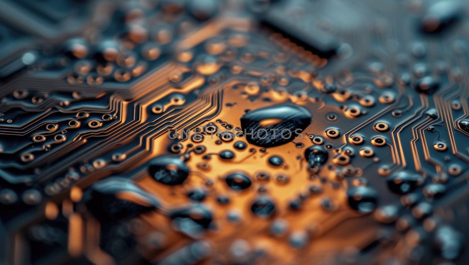 Detailed view of a circuit board with water droplets