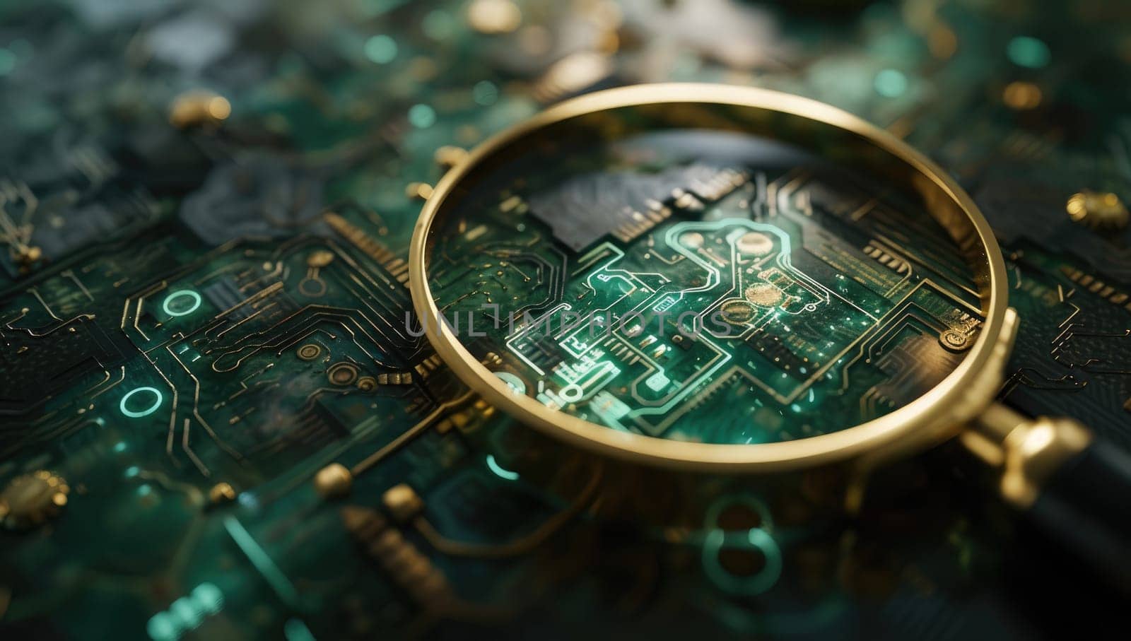 Magnifying glass on electronic circuit board, closeup. Technology concept