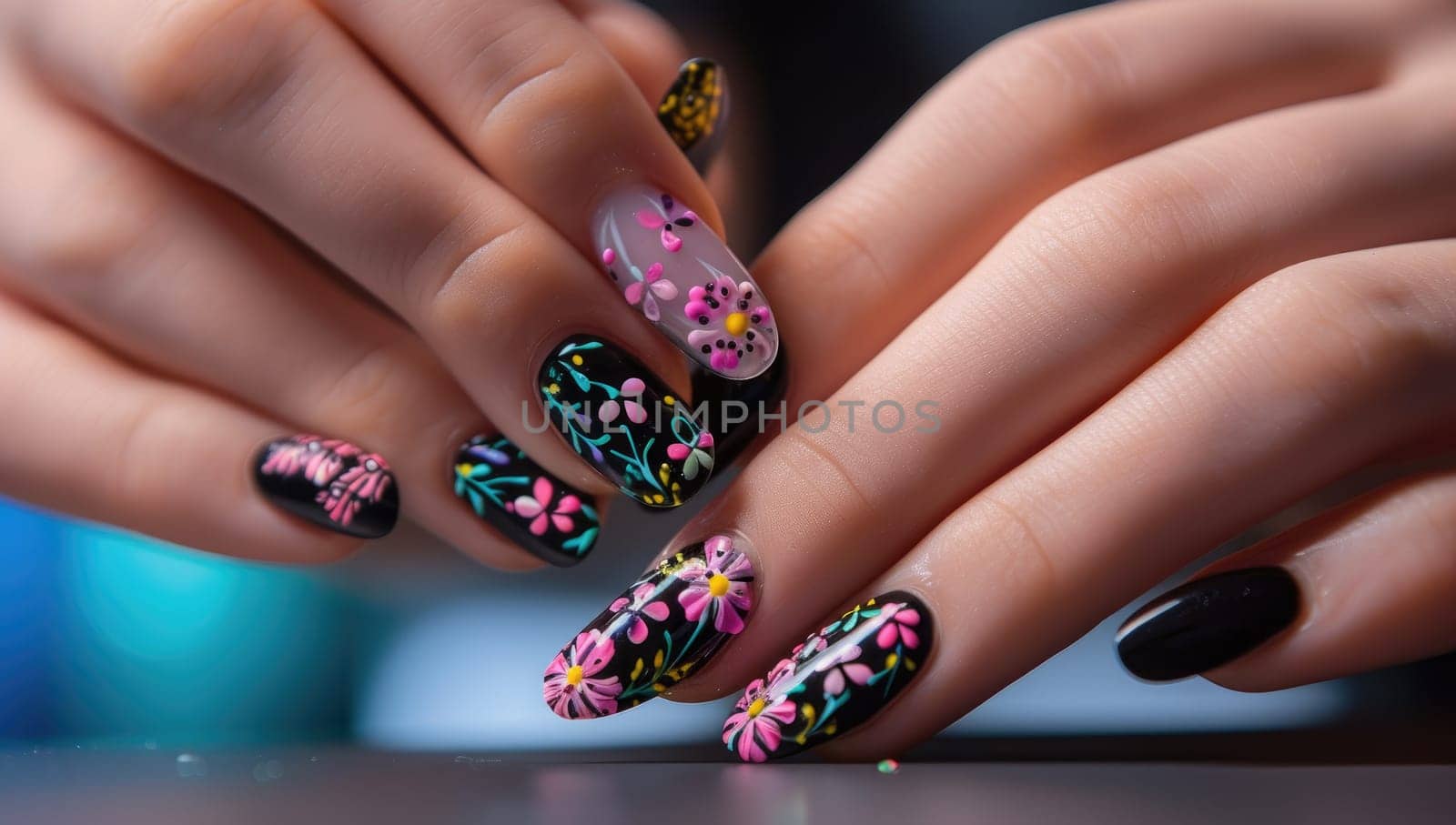 Intricate Floral Nail Art on Female Hands