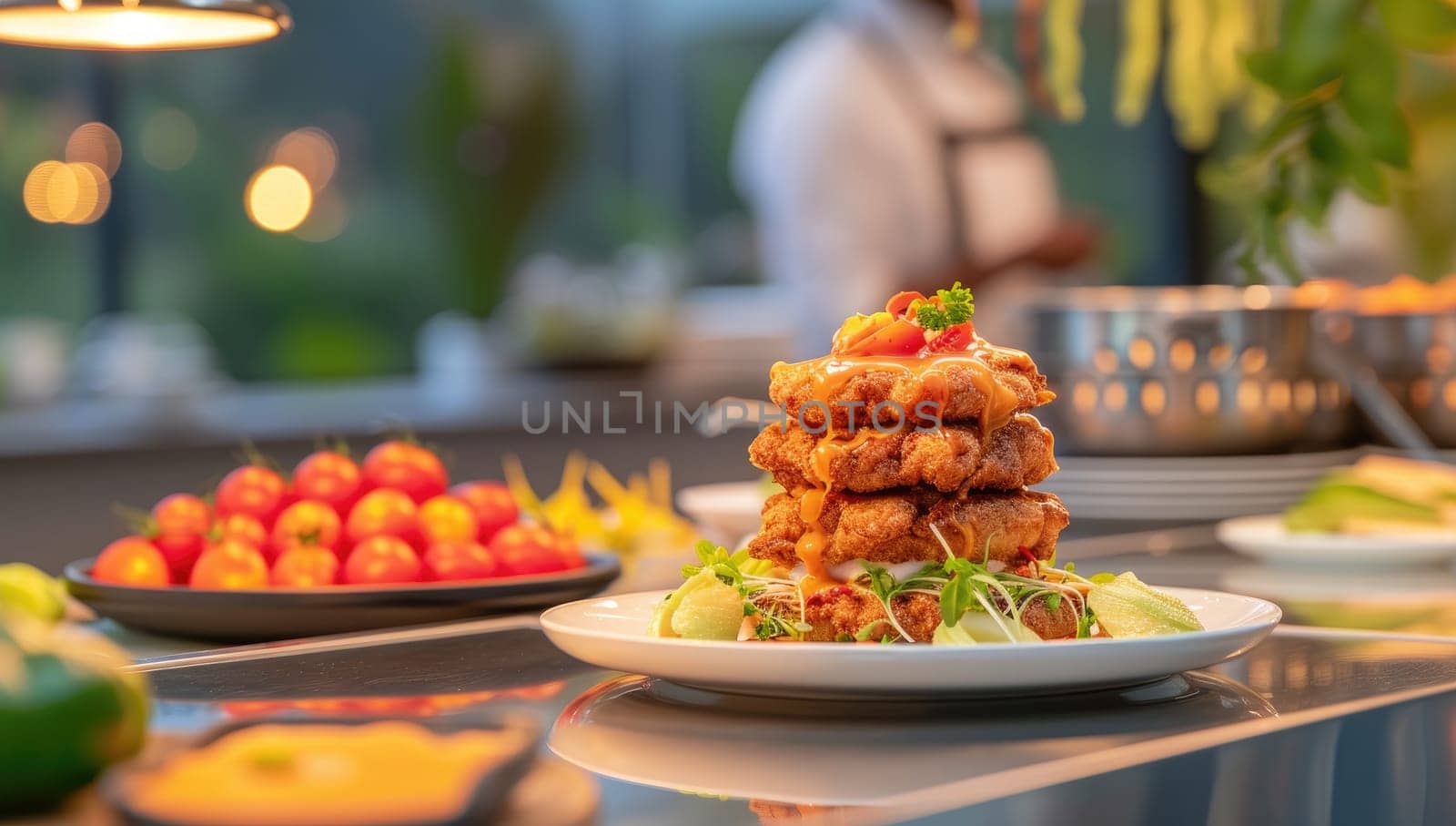 Fried chicken stack on fresh salad in a busy kitchen