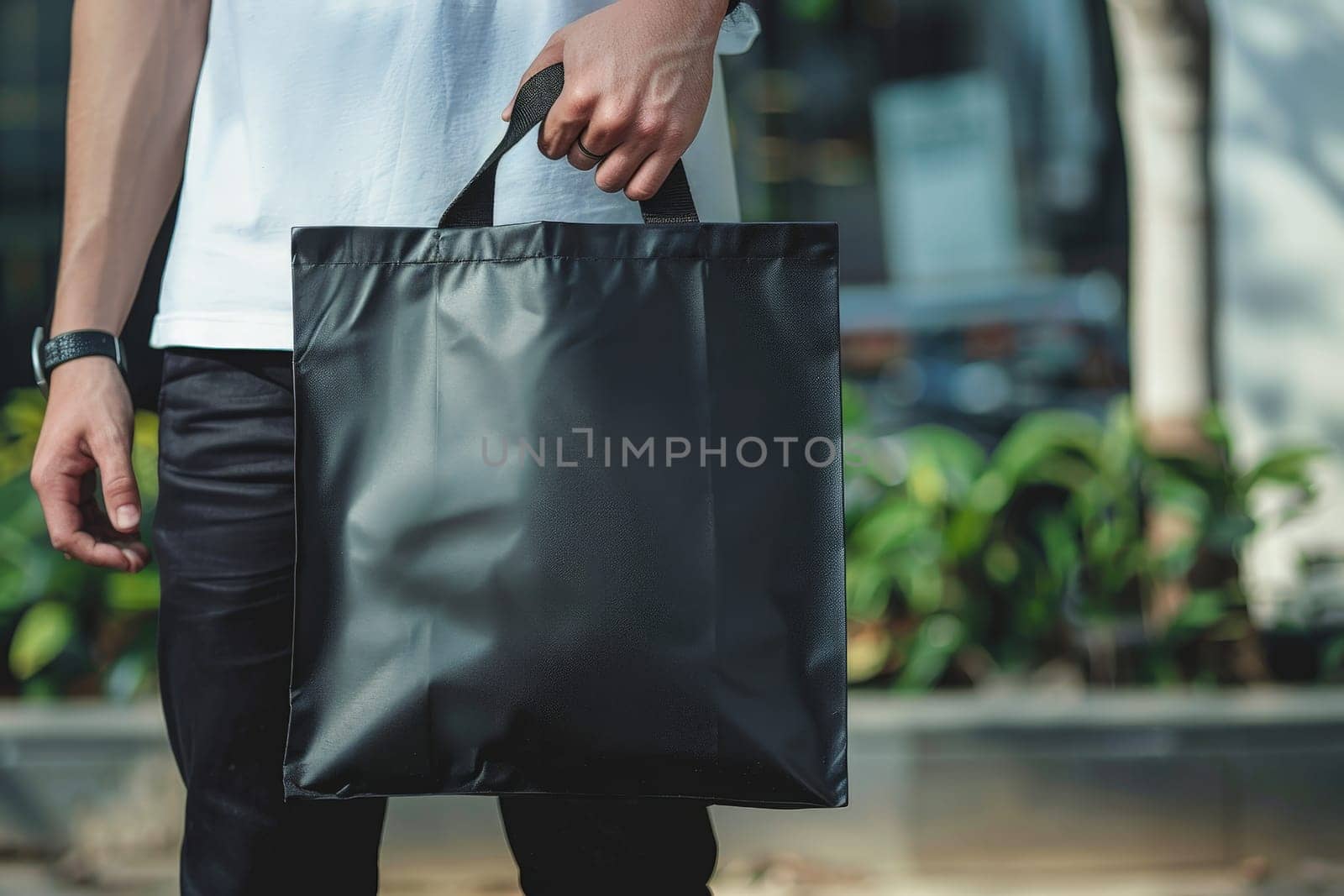 A man is holding black tote bag canvas fabric for mockup blank template, Empty reusable tote bag mockup by nijieimu