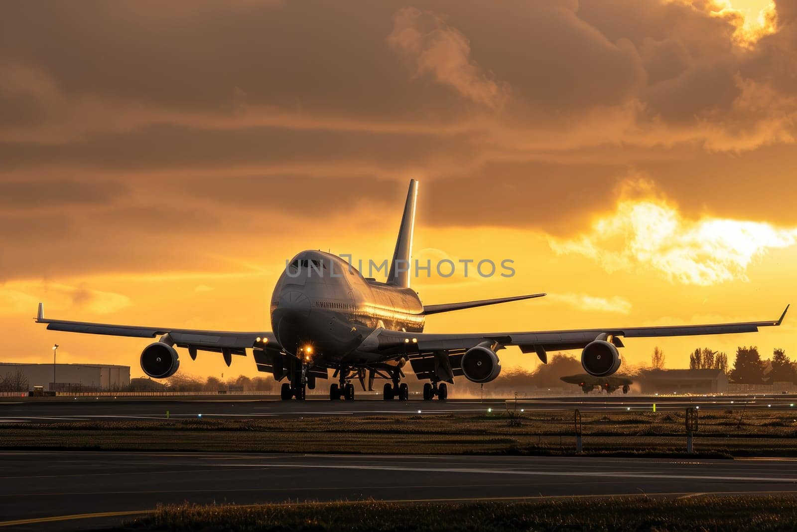 A majestic airplane illuminated by the setting sun as it prepares for takeoff on a runway