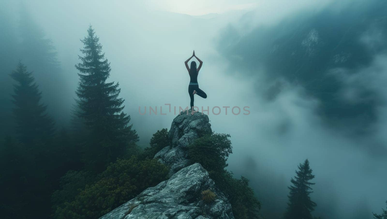 Silhouette of Woman Practicing Yoga on Misty Mountain Peak by ailike