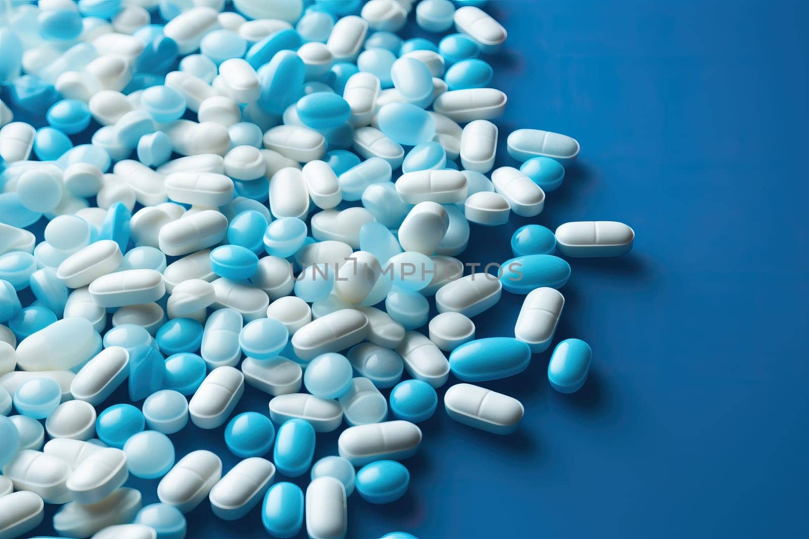 Scattered White and Blue Pills on Blue Surface