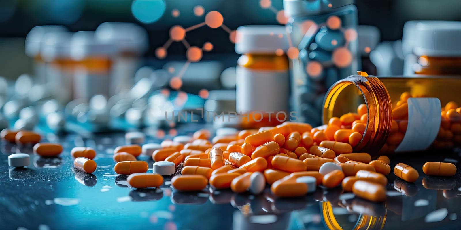 Orange pills spilling from bottle on dark surface