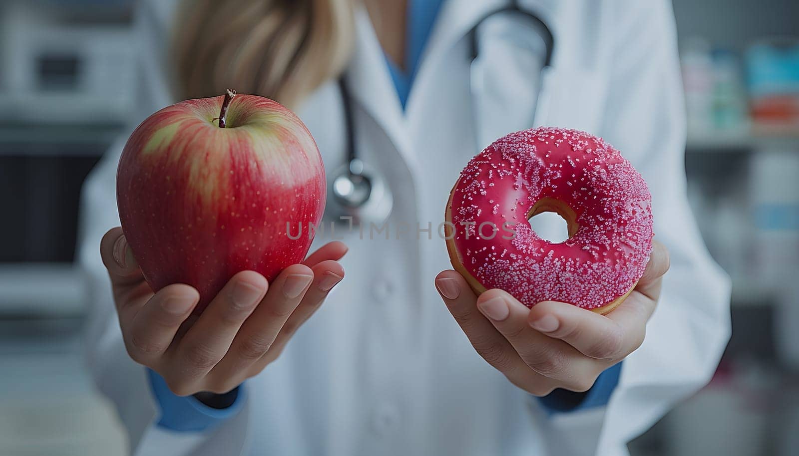 A doctor is holding a piece of natural food in each hand an apple, a staple food and superfood, and a donut, a processed food high in sugar and unhealthy fats