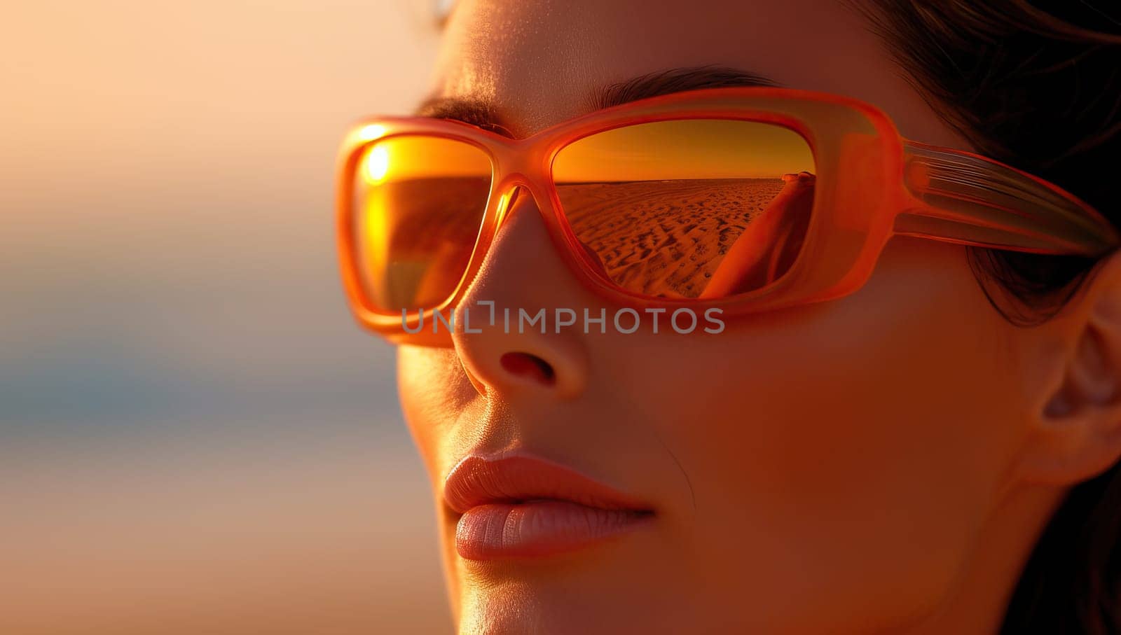 Woman in orange sunglasses at beach during sunset