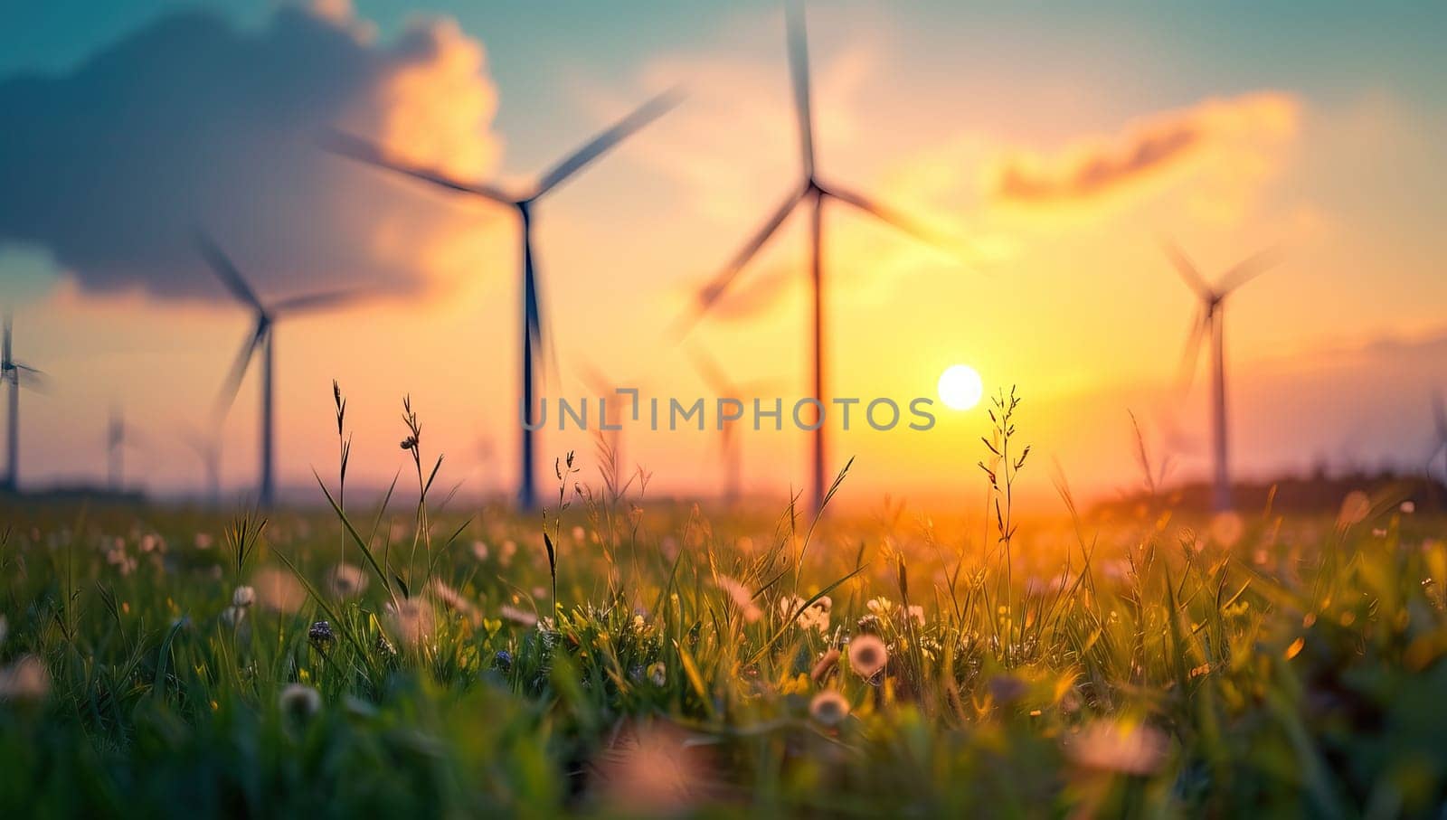 Wind turbines in field during sunset showcasing renewable energy