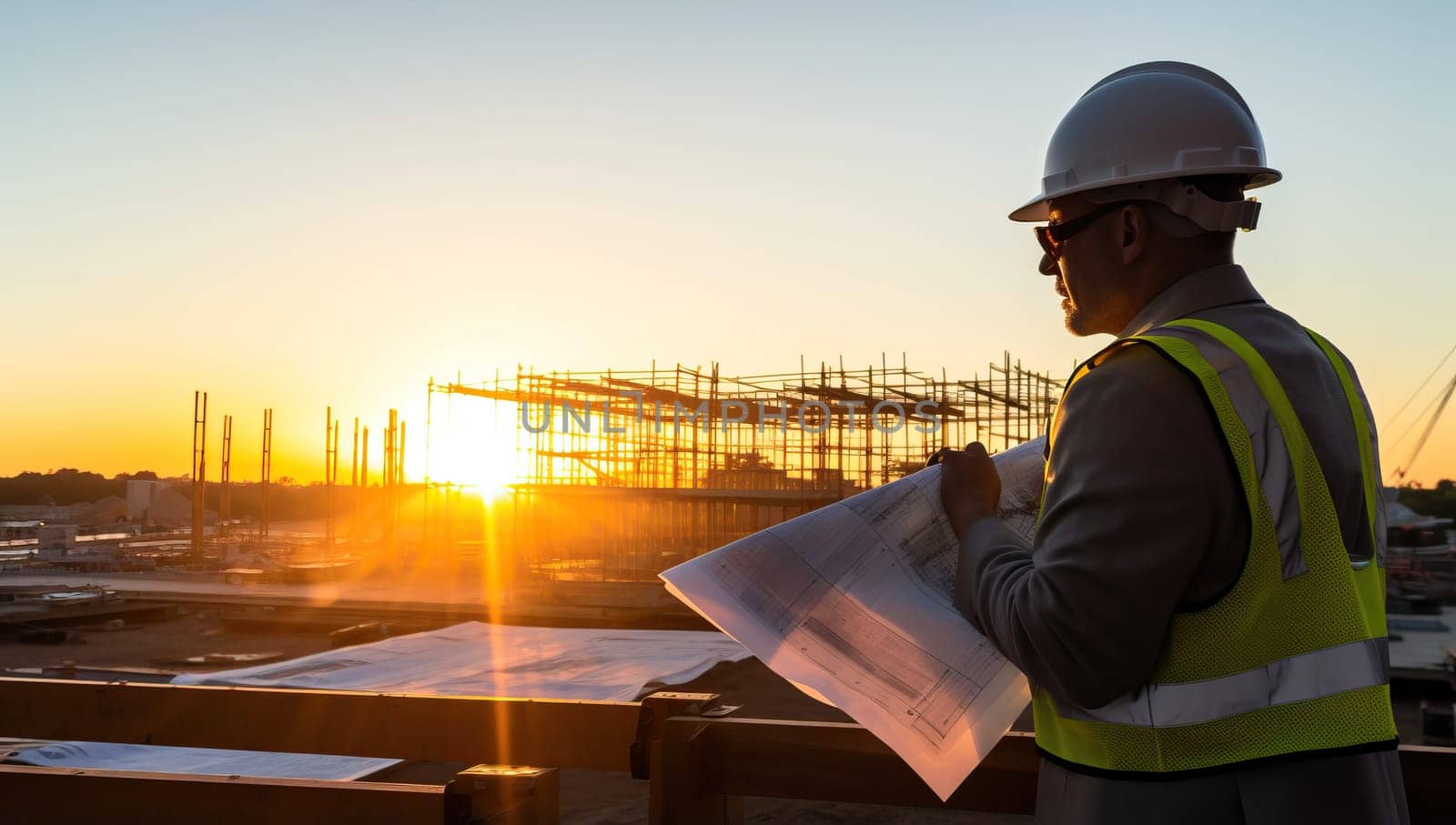 Engineer reviewing blueprints at sunset construction site