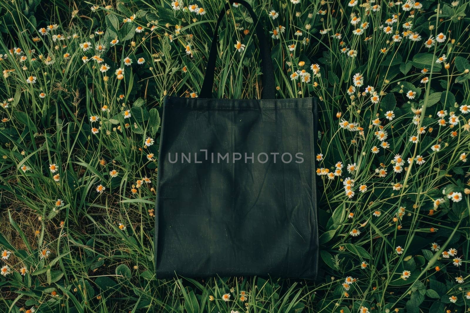 Mockup of a black tote bag laying on grass, Black cotton or mesh eco bag on green grass..