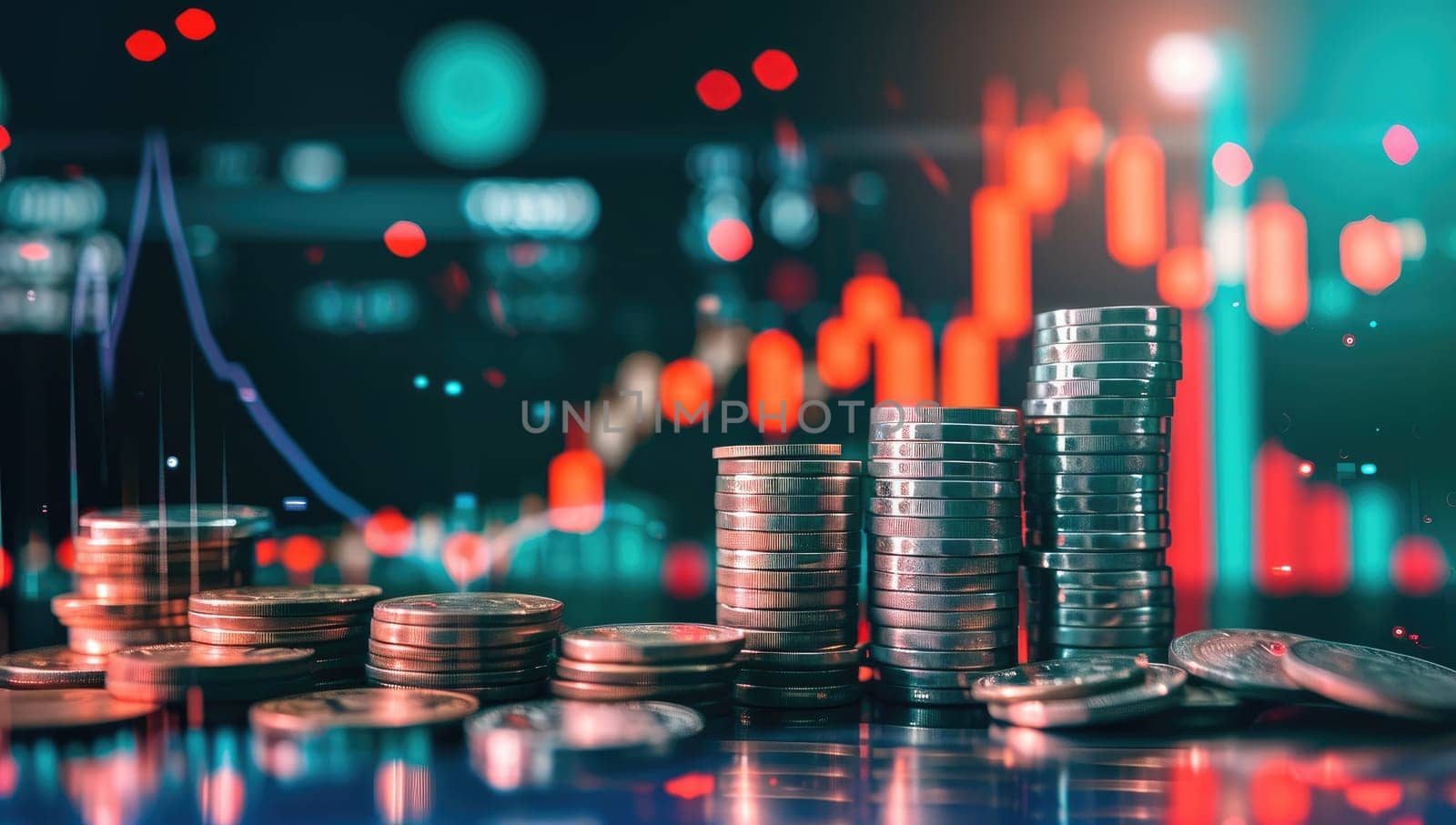 Stacks of coins against a backdrop of financial graphs and data