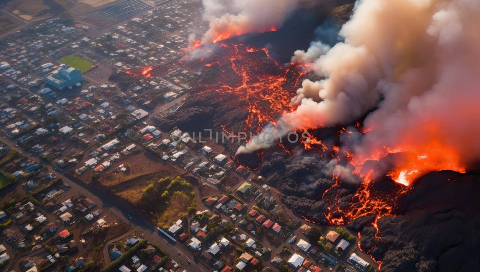 City engulfed in flames and smoke viewed from above