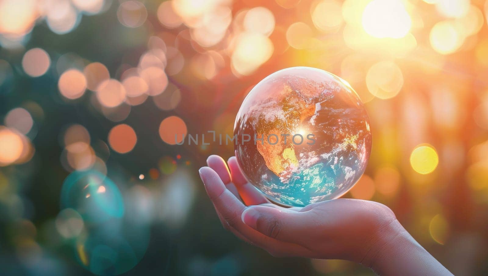 globe in hand with bokeh background. save the earth concept
