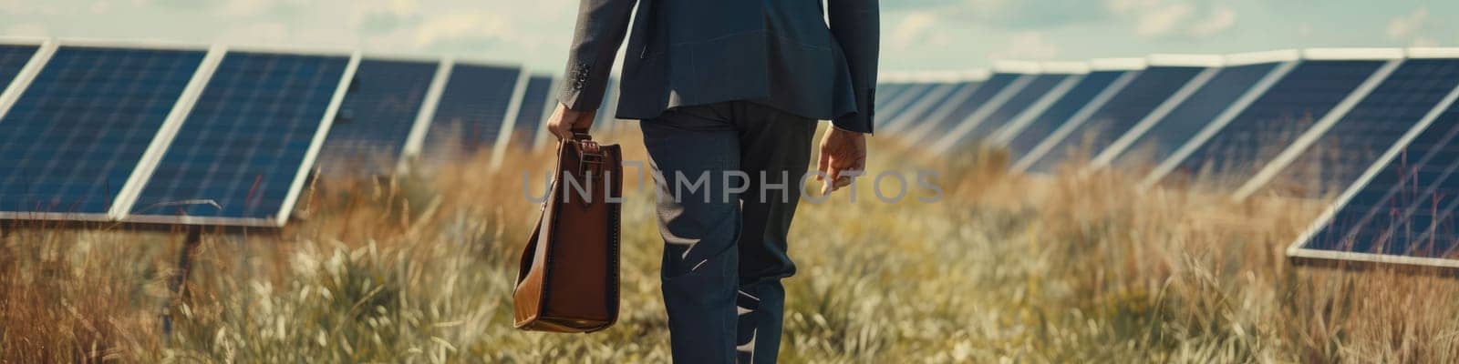 The close up picture of the businessman is walking to work at the workplace near the solar panel, the businessman also require skill like communication, leadership, management and marketing. AIG43.