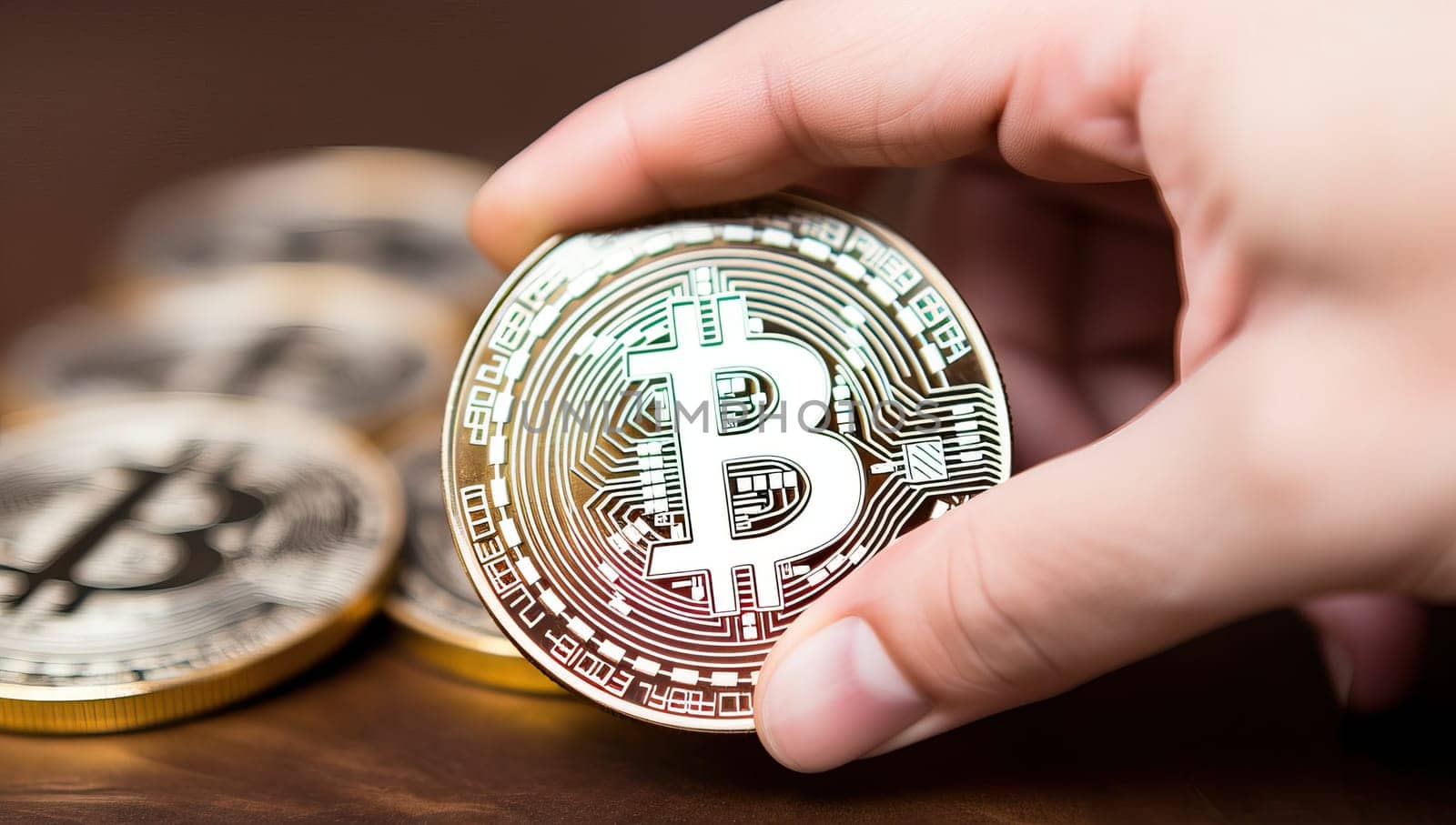 Hand holding a shining golden Bitcoin on wooden surface