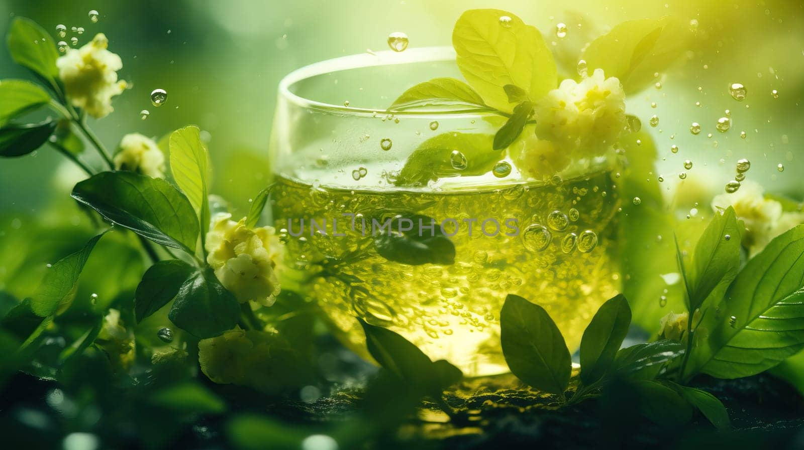 Glass of herbal tea amidst green leaves and white flowers under soft sunlight