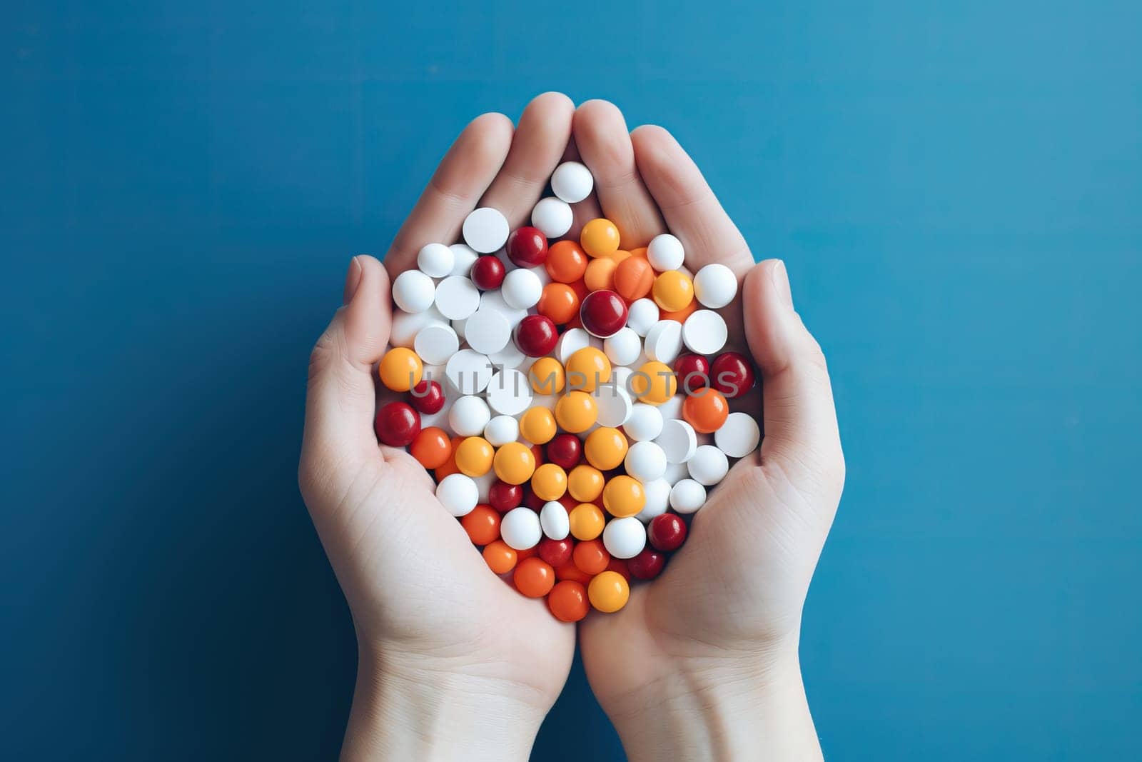 Hands holding assorted pills against blue background