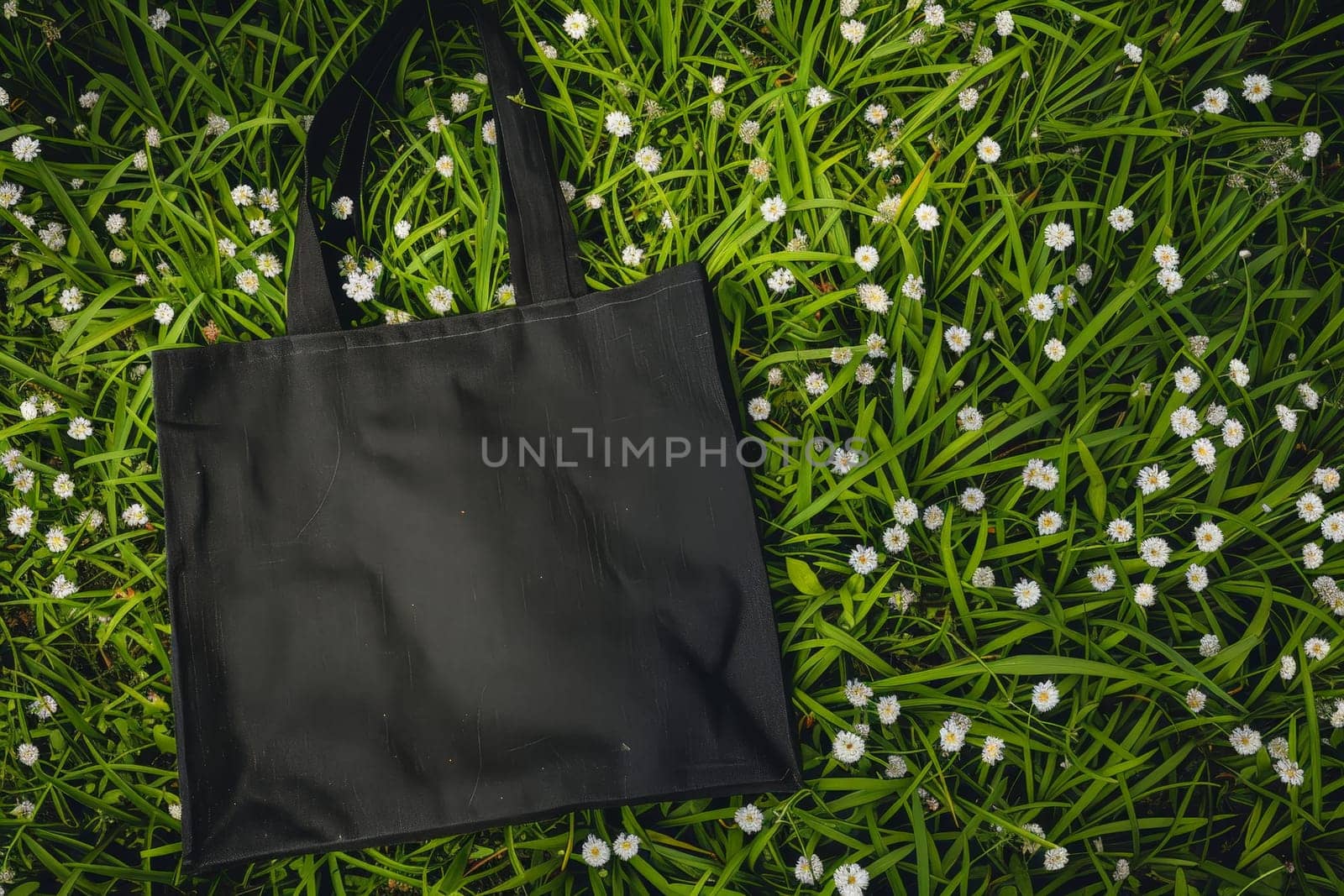 Mockup of a black tote bag laying on grass, Black cotton or mesh eco bag on green grass..