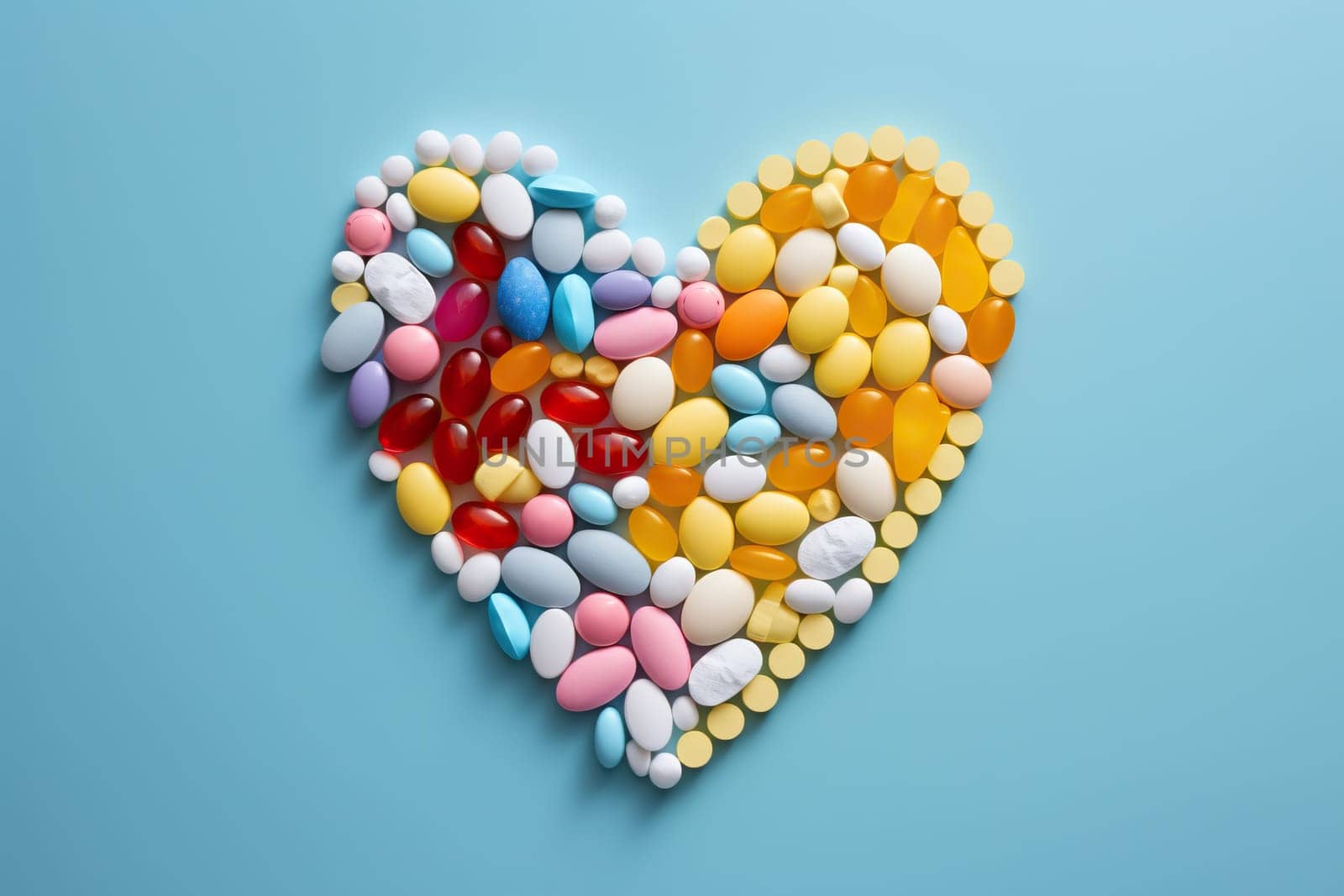 Heart shaped assortment of colorful pills and capsules