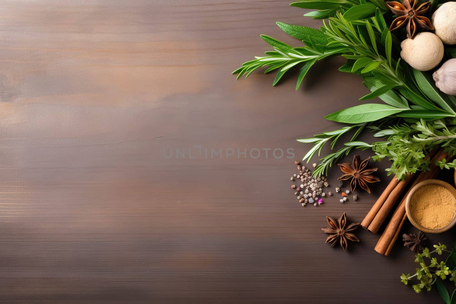 Herbs and spices on wooden background. Top view with copy space