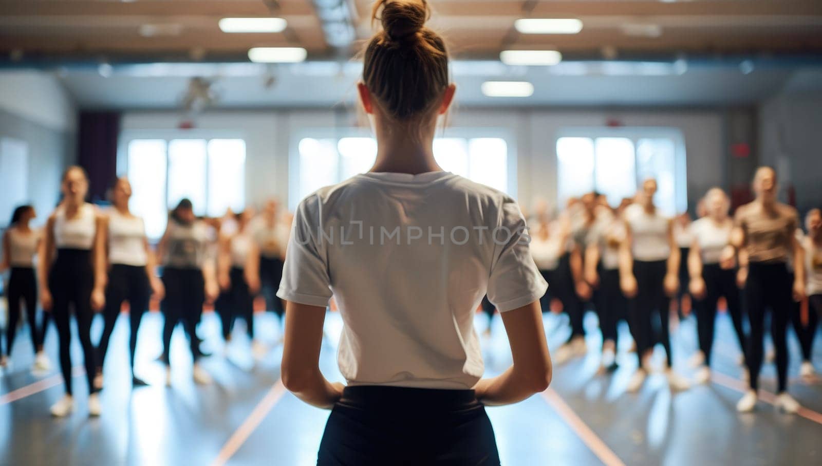 Dance instructor leading group in studio