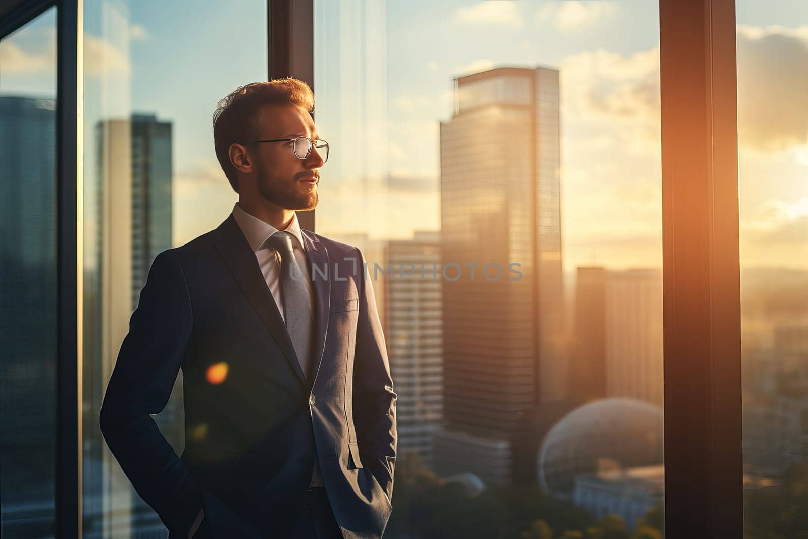 Businessman in suit and glasses at sunset in city office