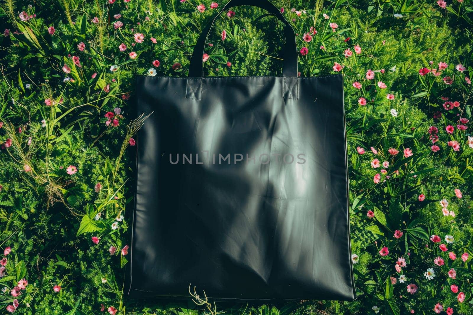 Mockup of a black tote bag laying on grass, Black cotton or mesh eco bag on green grass. by nijieimu