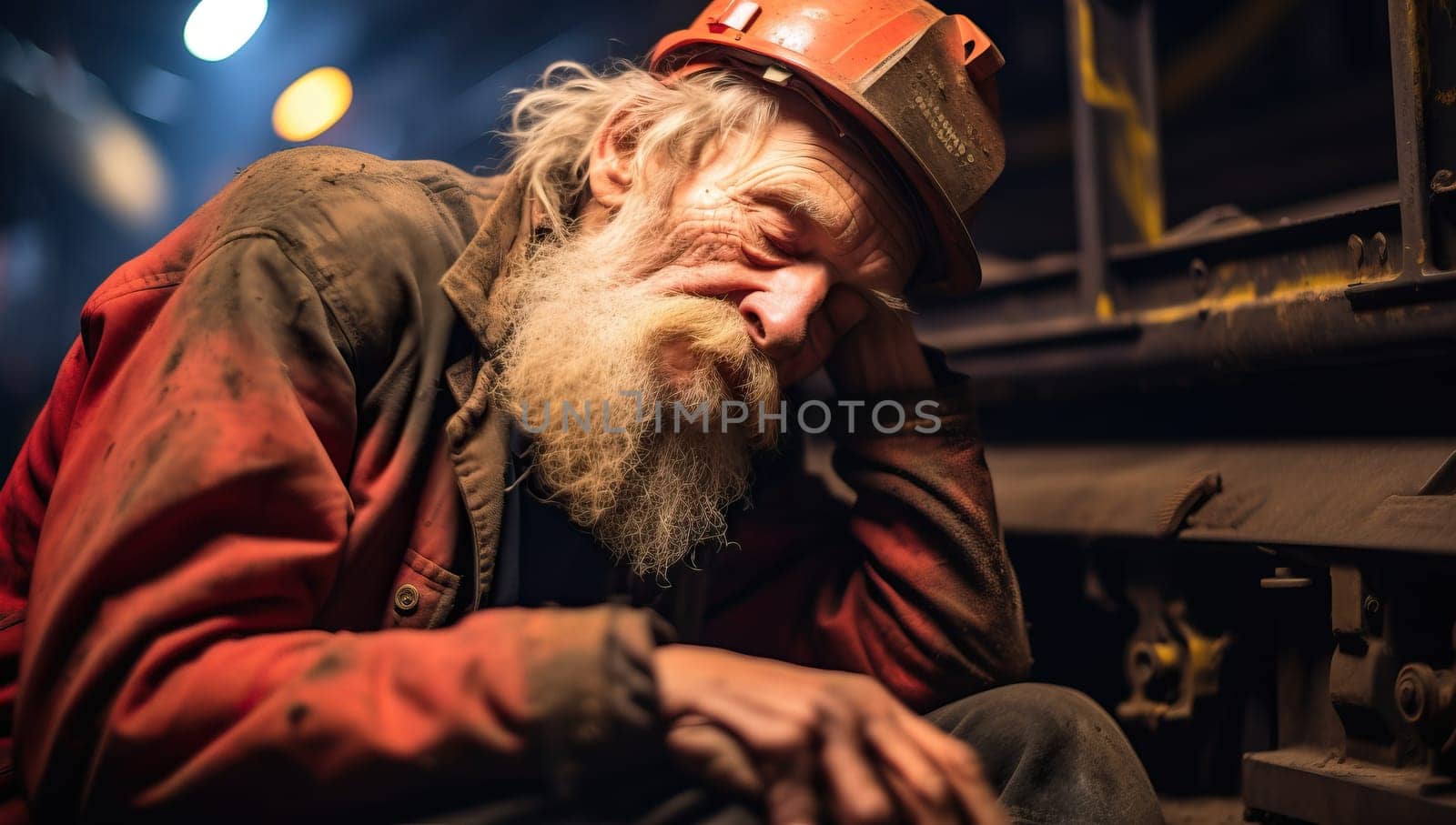 Elderly worker resting in industrial setting