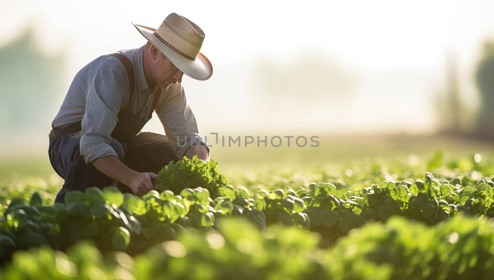 Farmer harvesting fresh lettuce in field at sunset